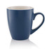 A blue ceramic mug with a curved handle, featuring a smooth finish and white interior. It has a logo on one side.