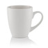 A white ceramic mug with a curved handle and a smooth finish. It features a logo on one side.