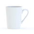 A tall white bone china mug with a handle, featuring a smooth cylindrical design. It has a logo on its surface.