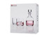 A glassware set featuring a clear decanter and two matching tumblers, presented in a white box with branding.