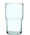 A drink bottle made of clear recycled glass, featuring a modern, curved design and a subtle branding logo.