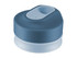 A double wall travel cup in navy and white, featuring a spill-resistant lid and a compact design. It has a logo.