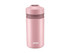 A drink bottle in soft pink with a grey band and a lid, featuring a logo on the front.