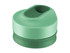 A double wall travel cup in a light green and dark green design, featuring a tight-fitting lid and a logo.