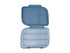 A medium bento box in a soft blue hue, featuring multiple compartments for organised meals. It has a logo on the lid.