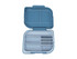 A bento box in blue with multiple compartments for storage and a secure lid. It features a logo on the exterior.