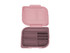 A large bento box in pink and grey, featuring multiple compartments for food storage. It has a logo on the lid.