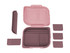 A large bento box in soft pink, featuring a removable divider and several smaller containers in a darker shade.