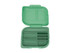 A large green bento box with multiple compartments and a secure lid, featuring a logo.