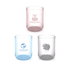 Three glass tumblers in pastel pink, light blue, and clear, each featuring different logos or designs.
