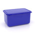 A large blue lunch box with a fitted lid, featuring a smooth surface and a rectangular shape.