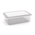 A clear, rectangular lunch box with a transparent lid, featuring a simple design and smooth edges.