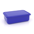 A small rectangular lunch box in vibrant blue with a fitted lid, featuring a simple design and smooth surface.