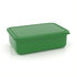 A small green lunch box with a flat lid, featuring a shiny finish and a branding logo.
