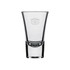 A shot glass in clear glass with a distinct shape and a logo etched on the front.