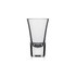 A clear glass shot glass with a tapered design, featuring a logo on the side.