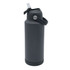 A drink bottle in matte black with a flip-top lid and a carrying handle. It features a logo on the body.