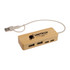 A bamboo USB hub with three ports and a connected USB cable. It features a logo on its surface.