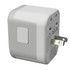 A travel adaptor in white with a compact design and a folding plug. It features multiple ports on one side.
