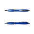 A blue metal pen with a sleek design and silver accents, featuring a clip and a ballpoint tip.