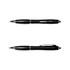 A black metal pen with silver accents and a clip, featuring a sleek design. The image displays two angles of the pen.