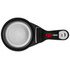 A black collapsible silicone pet food scoop with a silver interior, featuring a logo.
