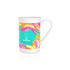 A coffee mug featuring a vibrant design with pink, orange, and turquoise swirls, alongside a logo.