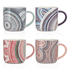 A set of four ceramic coffee mugs featuring dot-painted patterns in various colours, including mint, pink, purple, and grey. Each mug has a handle.