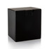 A black cardboard box with a top flap closure, featuring a textured surface.