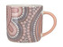 A coffee mug featuring a decorative pattern in pink, grey, and white tones, with a peach handle and a logo.