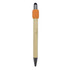 A bamboo pen with an orange grip and a black tip, featuring a logo on the barrel.