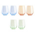 A set of two stemless wine glasses in blue, peach, and green hues, presented in a gift box.