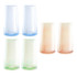 A set of two highball glasses in blue, green, and gradient shades of peach, gift boxed for presentation.