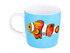 A coffee mug featuring a vibrant orange and white fish design on a light blue background, with a logo present.