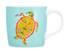 A coffee mug featuring a colourful turtle design on a turquoise background, with a white handle. It has a logo.