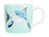 A coffee mug featuring a blue and white shark design on a mint green background, with a handle and a logo.