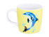A coffee mug with a yellow background featuring a blue dolphin design. The mug has a white handle and includes branding.