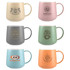 A set of six coffee mugs in pastel colours, featuring various designs and branding on each mug.