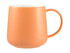 A coffee mug in a soft orange hue with a smooth, rounded shape and a single handle, featuring a logo.