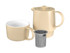 A beige tea pot and cup set with a stainless steel infuser, neatly arranged together.