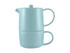 A teal tea for one set featuring a teapot with a cup that stacks underneath. Includes a handle and a lid.