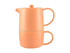 A tea pot and cup set in a soft orange hue, featuring a smooth matte finish and a compact stacking design.