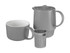 A grey tea set featuring a teapot, teacup, and stainless steel infuser, all presented in a gift box.