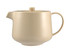 A cream-coloured teapot with a lid and handle, featuring a smooth finish. It includes an infuser and has a logo.
