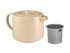 A beige teapot with a lid and a separate stainless steel infuser, presented in a boxed set.