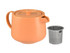A peach-coloured teapot with a lid and a stainless steel infuser, presented alongside each other.