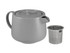A grey teapot with a lid and a stainless steel infuser, presented productively in a gift box.
