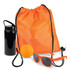 A drink bottle, an orange drawstring backpack, a black ball, and a pair of orange sunglasses.