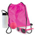 A pink drawstring backpack, a white drink bottle, a pink ball, and pink sunglasses.