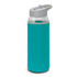 A drink bottle with a turquoise neoprene sleeve and a grey lid, featuring a clear glass body and a spout.